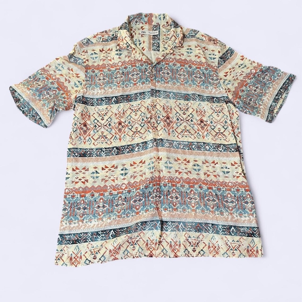 Zara Men's Casual Shirt with Geometric Patterns - Blue, Brown, Cream